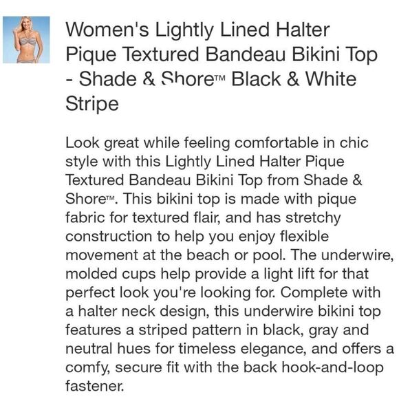 Shade & Shore halter bandeau bra size black white stripe bikini swim top 38D - Picture 6 of 6